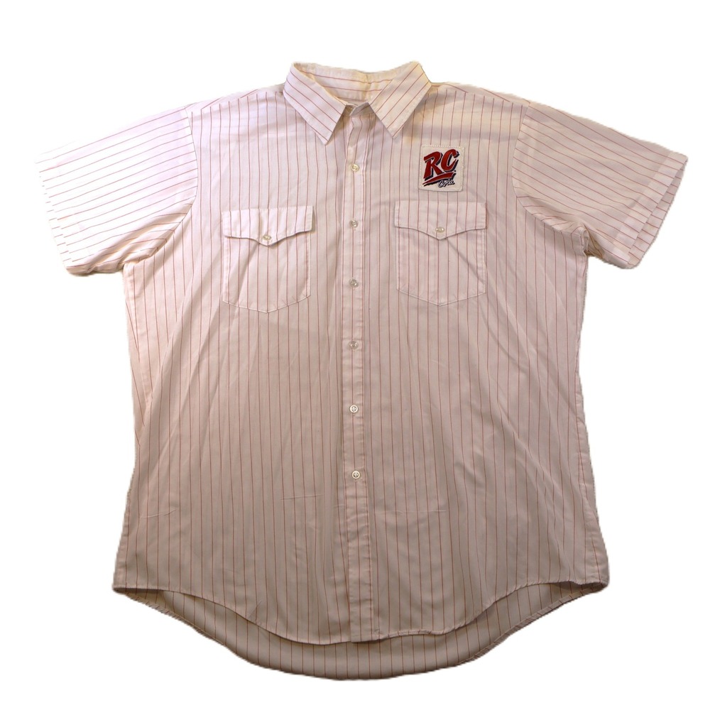 Riverside Mens 17-17.5 Work Shirt White Red RC Cola Patch Pinstripe Vintage USA